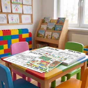 Livre de coloriage cherche et trouve pour enfants avec des scènes scolaires éducatives.