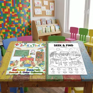 Set de posters de coloriage pour enfants avec scène d'école et jeux de cherche et trouve.