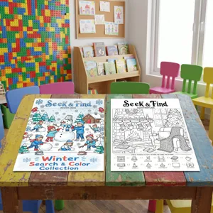 Children winter seek and find coloring poster set, fun educational painting book for kids.