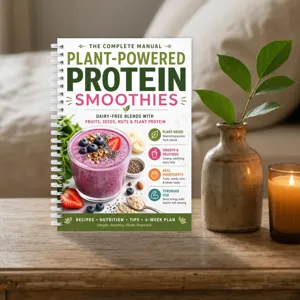 Livre spiralé de recettes de smoothies protéinés végétaux avec conseils nutritionnels.