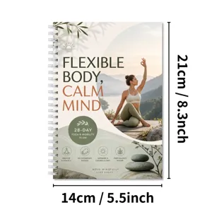 Detailansicht des 28-Tage Yoga und Mobilitäts Flow Spiralnotizbuchs, kompakt und handlich.