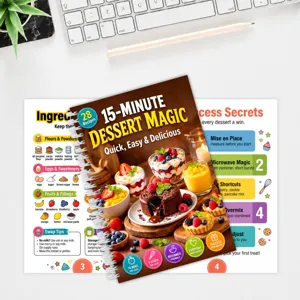 Livret de recettes de desserts de 28 pages avec tutoriel rapide de 15 minutes pour gourmandises.