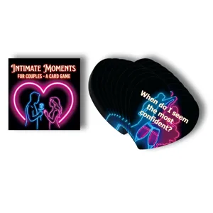 Couple card game detail showing heart shaped interaction questions and stylish packaging design.