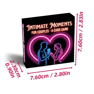 Couple interactive card game box packaging with romantic neon heart design and dimensions.