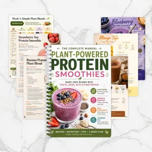Manuel de recettes de smoothies protéinés végétaux avec reliure spirale et pages intérieures.