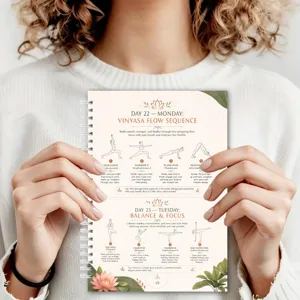 Detaillierte Ansicht der Yoga Spiralnotizbuch Seite mit täglichen Sequenzen und Posen.