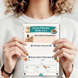 Spiral-bound pet recipe journal and daily cooking notebook for dogs, tracking meals easily.