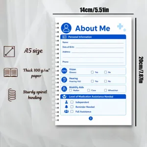 Close up of A5 spiral notebook page showing personal medical info and thick paper details.