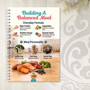Detail view of dog recipe notebook page showing nutritional formula and daily meal guidelines.