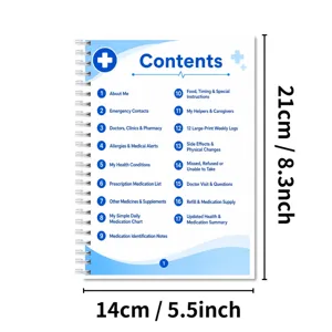 Detailed view of the medical logbook cover showing 17 contents items and size dimensions.
