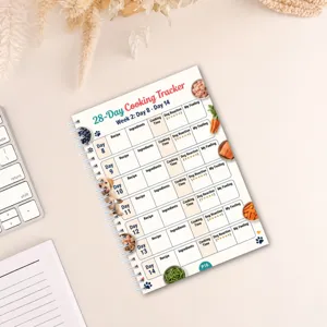 28-day dog recipe cooking tracker notebook, daily pet food meal planner log book details.