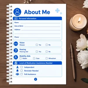 Detail view of the personal information and medication record spiral notebook page.