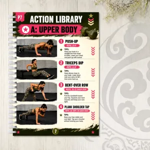 Detailed view of upper body fitness planner page showing push up and triceps dip instructions.