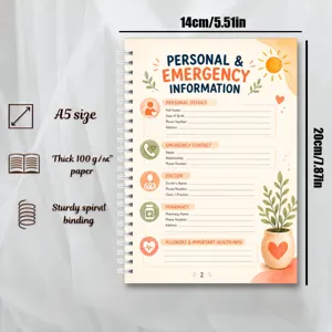 Dettaglio quaderno spirale A5 con layout di emergenza, carta spessa 100g, rilegatura solida.