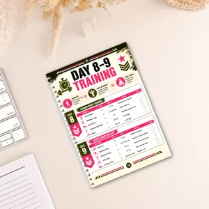 Detailed view of the 28-day fitness planner notebook page showing day 8 and 9 workouts.
