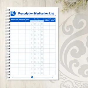Prescription medication tracker notebook, weekly health planner and pill record log book.