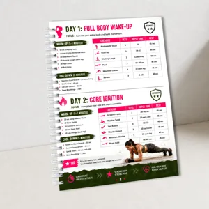 Daily fitness planner notebook with workout routines, sets, and reps for women core training.