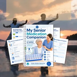 12-week senior medication organizer notebook with large print daily tracking and caregiver charts.