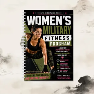 Women's military fitness program spiral notebook detail, strength training manual.