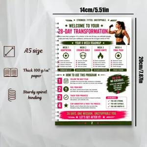 28-day fitness workout planner notebook, A5 size, thick paper and sturdy spiral binding for women.