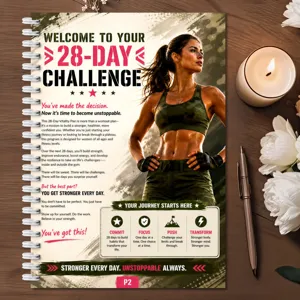 28-day fitness planner notebook detail showing daily workout challenge schedule and motivational quotes.