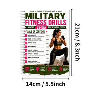 28-day women fitness planner notebook, military fitness drill spiral book with dimensions.