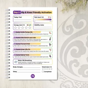 Detailansicht der Yoga Übungsseite für Hüfte und Knie im Spiral Fitness Notizbuch Tag zwei.