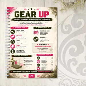 Fitness planner coil notebook inner page design with exercise gear list and training guide.