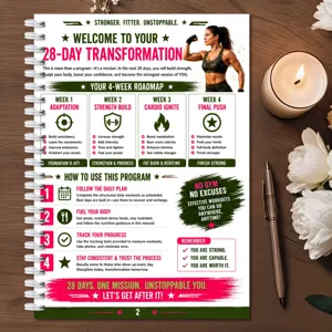 Detail shot of 28-day fitness planner notebook page with workout roadmap and daily guide.