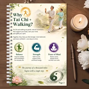 Vista dettagliata della pagina del taccuino con piano di marcia Tai Chi e guida agli esercizi.