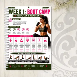 Detailed view of week one boot camp fitness planner page with exercise guides and daily workout focus.