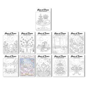 Artistic coloring posters set, elegant tea party theme line art for relaxing adult painting.