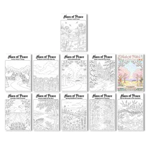 Detalle del set de pósteres para colorear de paisajes naturales, 10 hojas dibujadas para arte creativo.
