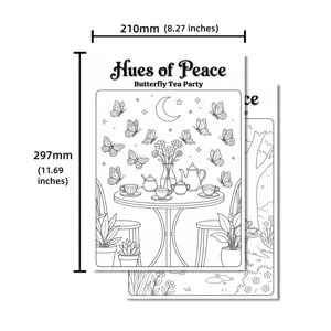 Artistic theme DIY adult coloring poster set, relaxing butterfly tea party line art pages.
