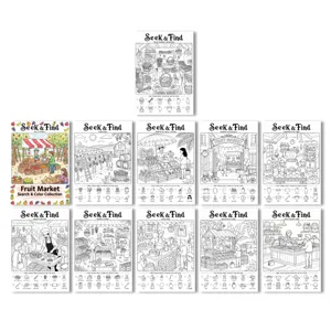 Detailed view of the 10-pack kids coloring posters featuring fun fruit market explore scenes.