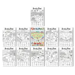 Niños deporte tema buscar y encontrar pósters para colorear set, 10 hojas blanco y negro.