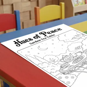 Detailed view of the coloring poster with tea table design, perfect for kids creative art.