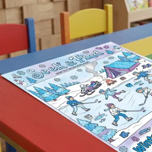 Póster para colorear busca y encuentra invierno niños, divertida actividad artística de papel.