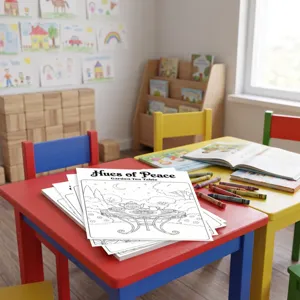 Detail view of artistic coloring poster and crayons on table in a cozy kids room setup.