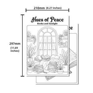 Vista detallada del póster para colorear A4 con plantas de interior y libros acogedores.