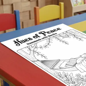 Vista detallada de un póster para colorear relajante con un gato tierno y hamaca.