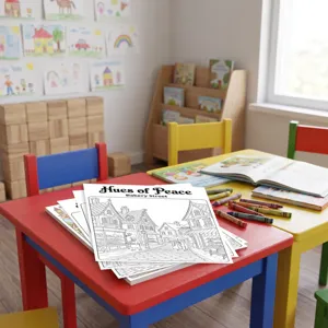Primo piano dettagliato del poster da colorare con scena di strada e pastelli sul tavolo.