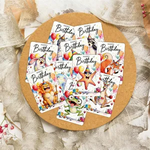 Cute animal birthday greeting cards set featuring fun watercolor cartoon designs for friends and parties.