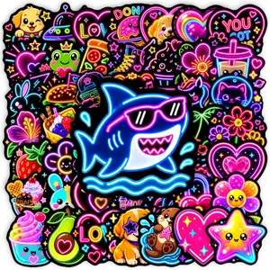 Vue détaillée d'autocollants néon colorés, avec requin lumineux et motifs d'animaux mignons.