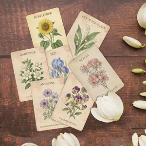 Vintage botanical illustration greeting cards detail view showing flower designs and floral texts.
