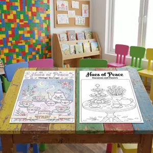 Artistic coloring posters set featuring vintage tea cups and macarons for creative painting fun.