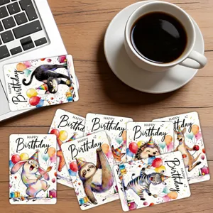 Cute cartoon animal birthday greeting cards detail shot, colorful watercolor party decor.
