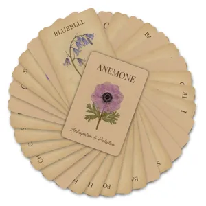 Vintage botanical flash cards set with pressed flower designs and floral language for gifts.