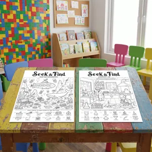 Kids seek and find coloring posters, educational deep sea and science painting sheets for early learning.