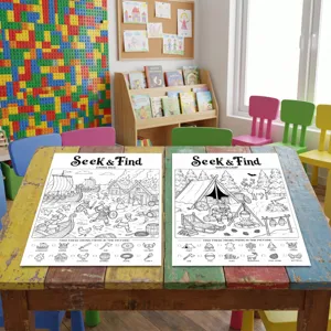 Kids seek and find coloring poster set, educational doodle art activity paper for children.